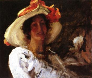 William Merritt Chase : Portrait of Clara Stephens Wearing a Hat with an Orange Ribbon